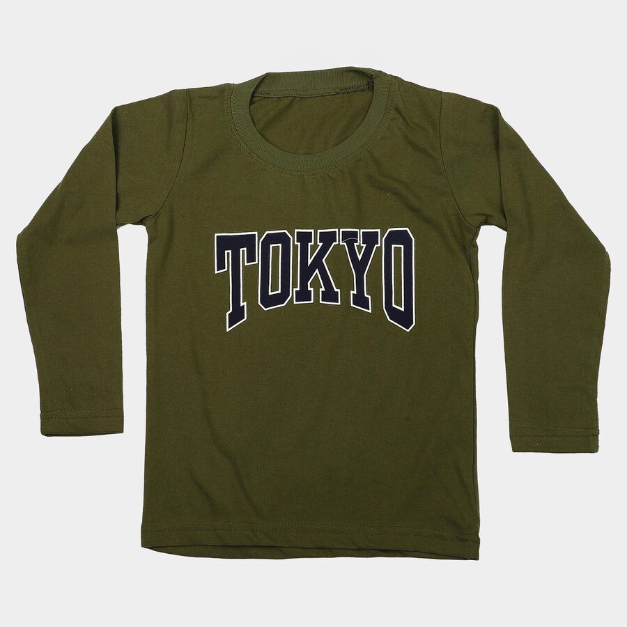 Boys Olive Green Cotton Blend Round Neck Regular T-Shirt, Olive, large