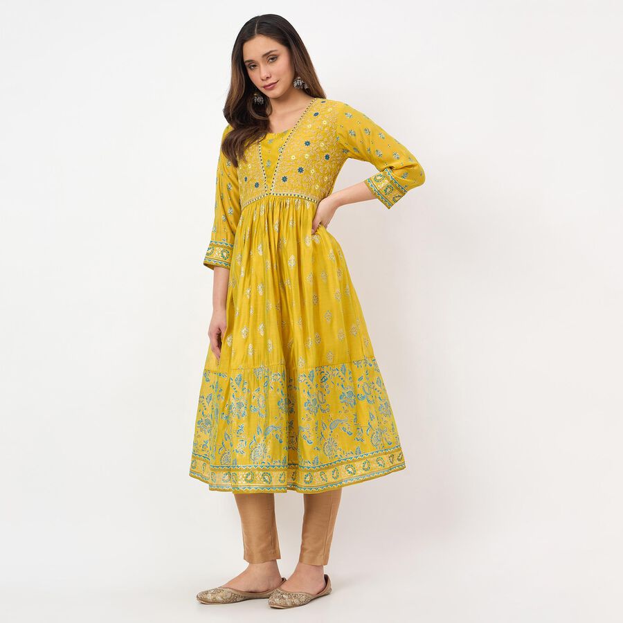 Women's Green Round Neck Floral Printed Kurta, हल्का हरा, large