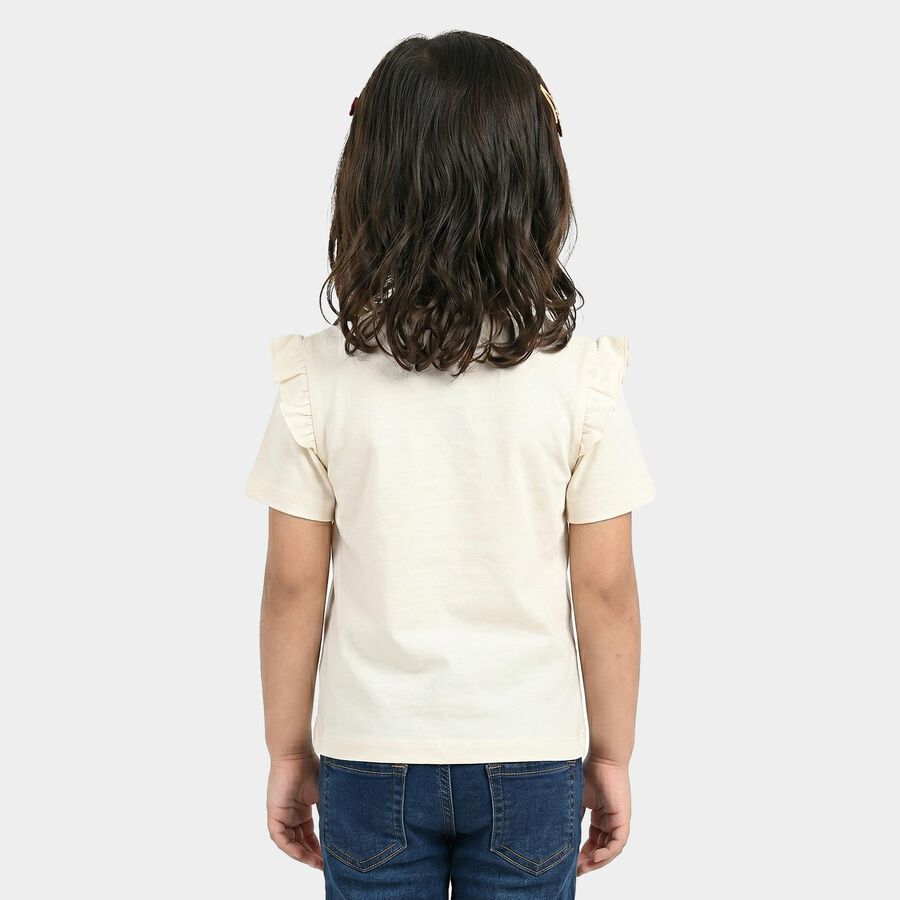 Girls Off White Cotton Round Neck Regular T-Shirt, Off White, large