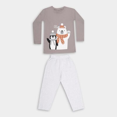 Boys' Light Grey Round Neck Cartoon Printed Baba Suit