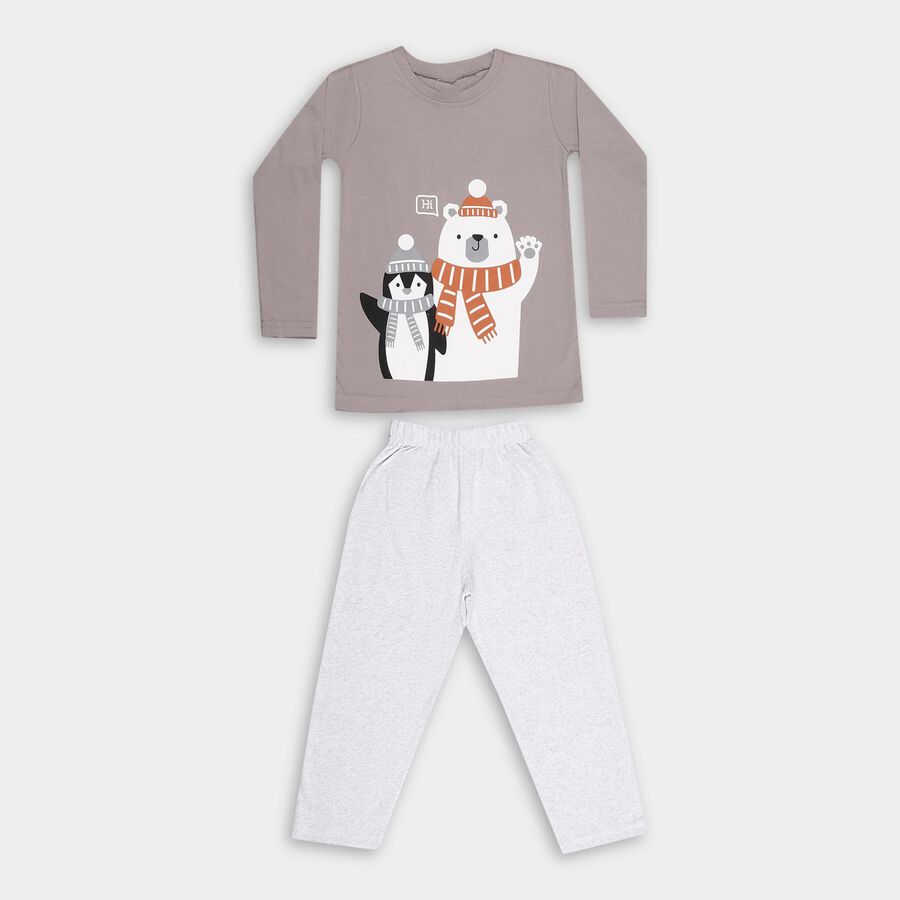 Boys' Light Grey Round Neck Cartoon Printed Baba Suit, Light Grey, large image number null
