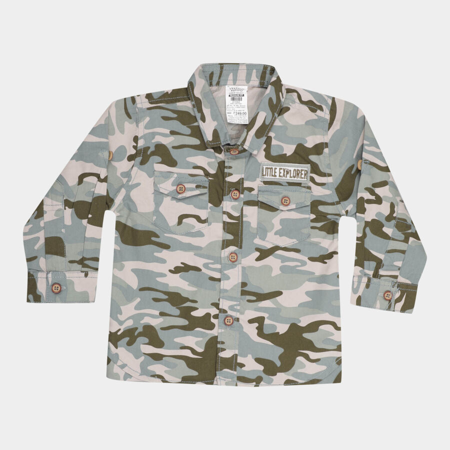 Infants Cotton Printed Casual Shirt, Olive, large image number null