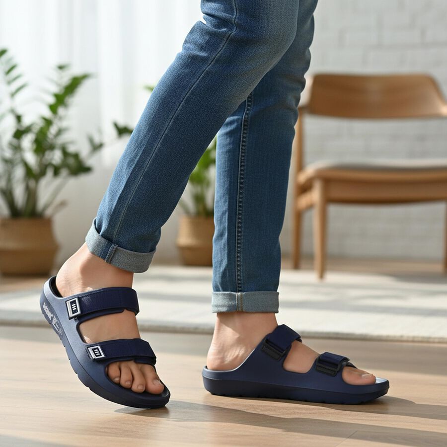Men's Navy Blue Adjustable Strap Sliders, नेवी ब्लू, large