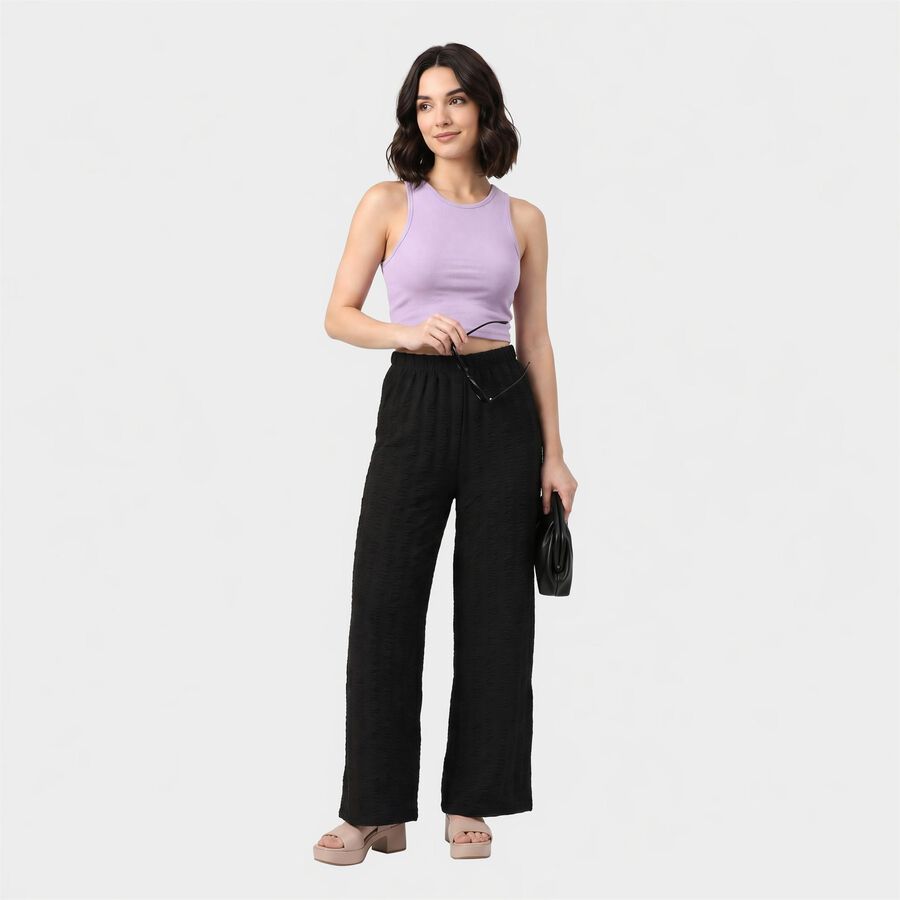 Women's Black Relaxed Fit Textured Wide Leg Harem Pants, काला, large