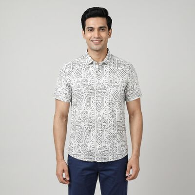 Men's Grey Cotton Half Sleeves Spread Collar Regular Fit Casual Shirt