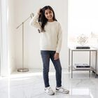 Girls' Cream Crew Neck Knitted Design Pullover, ऑफ व्हाइट, small