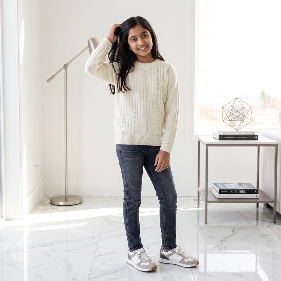 Girls' Cream Crew Neck Knitted Design Pullover, ऑफ व्हाइट, large