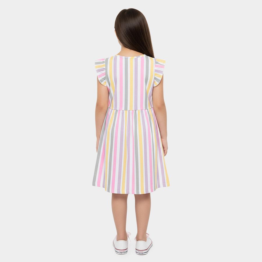 Girls' Multicolour Striped Flutter Sleeve Fit and Flare Frock, Off White, large
