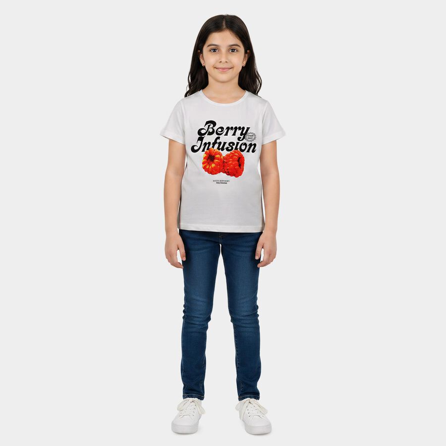 Girls White Round Neck Casual T-Shirt, सफ़ेद, large