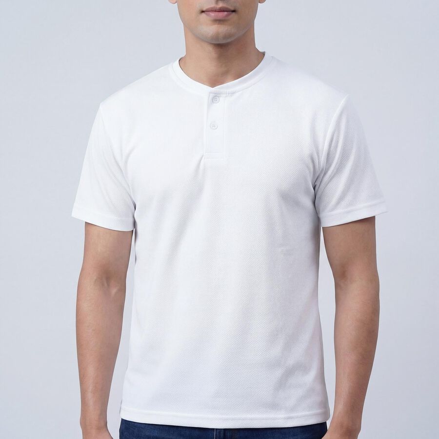 Men's White Henley Neck Casual Half Sleeve T-Shirt, White, large