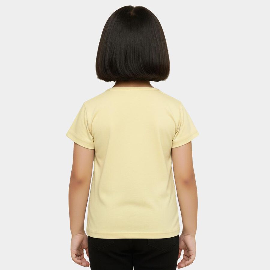 Girls' Bright Yellow Cotton Round Neck Casual T-Shirt, Yellow, large