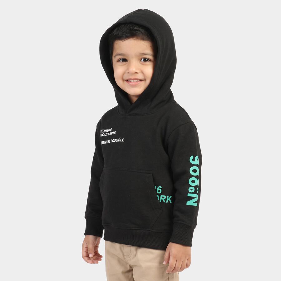 Boys' Black Hoodie Neck Graphic Sweatshirt, काला, large
