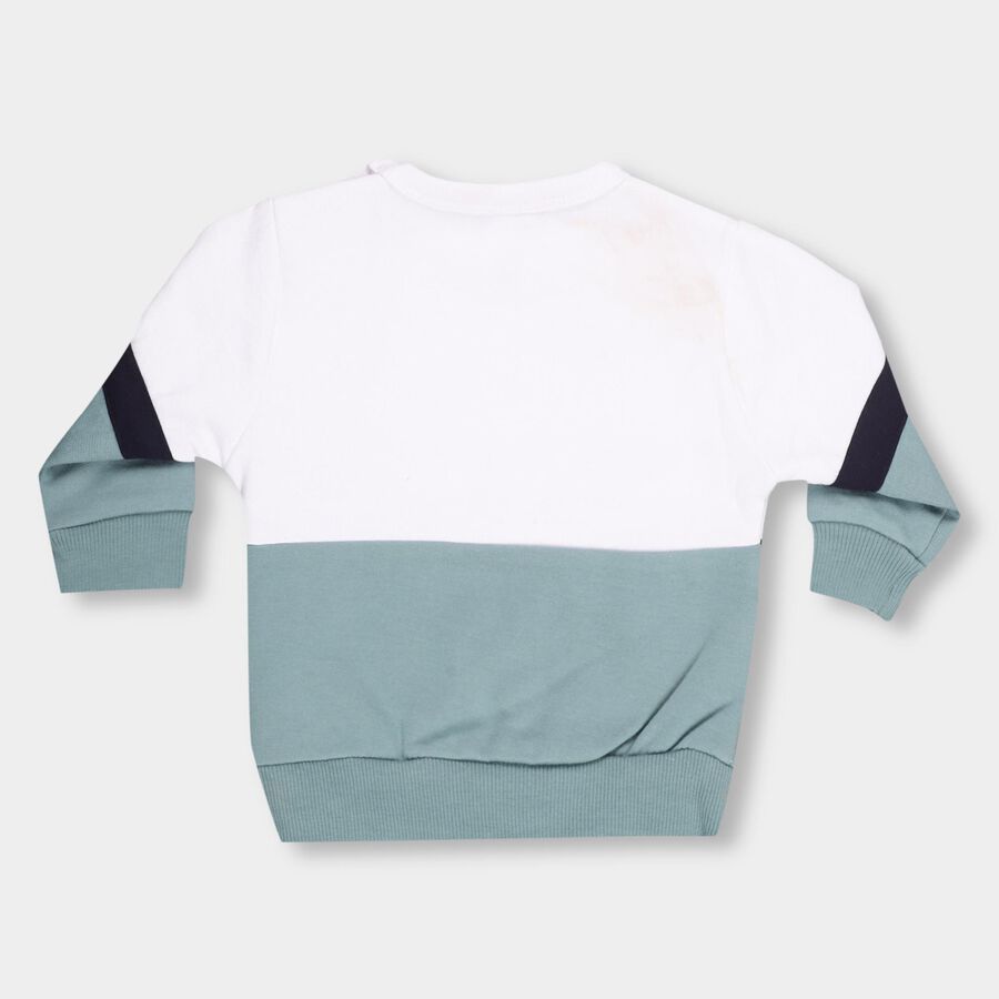 Infants White and Green Crew Neck Cartoon Printed Sweatshirt, टील ब्लू, large image number null