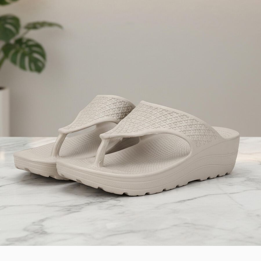 Women's Beige Wedge Flip-Flop Slippers, गहरा पीला, large