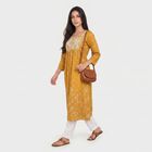 Women's Mustard Round Neck Embroidered Kurta, Mustard, small