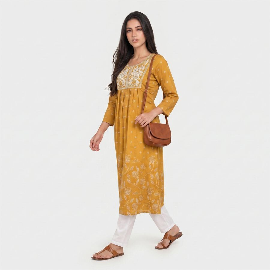 Women's Mustard Round Neck Embroidered Kurta, Mustard, large