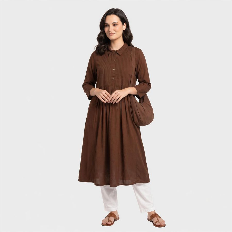Women's Brown Shirt Collar Kurta, भूरा, large