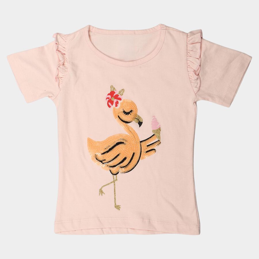 Girls Light Pink Cotton Round Neck Regular T-Shirt, Light Pink, large
