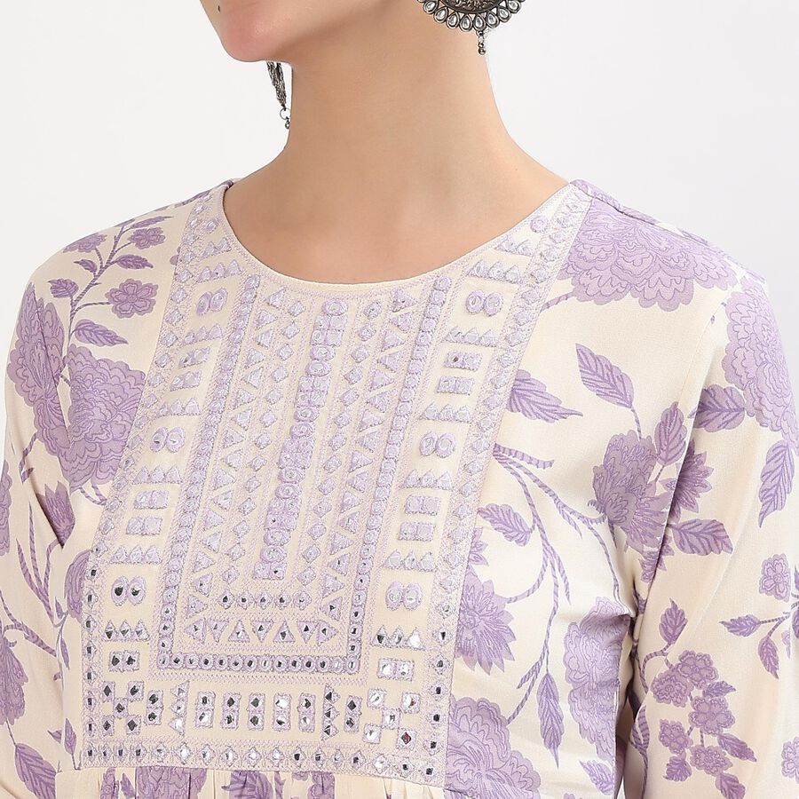 Women's Muted Lavender Purple Round Neck Embroidered Floral Kurta, Lilac, large