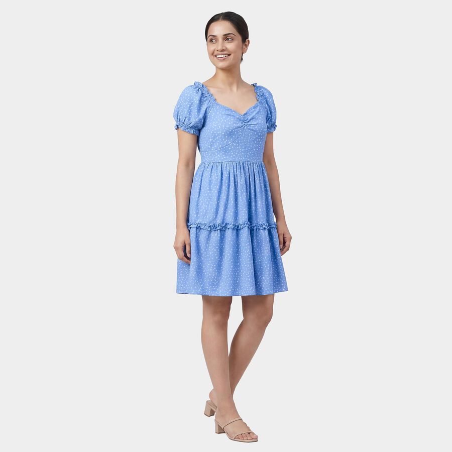 Women's Light Blue V-Neck Floral Tiered Dress, Light Blue, large