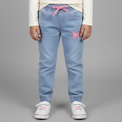 Girls' Mid Blue Elastic Waist Embroidered Jeans