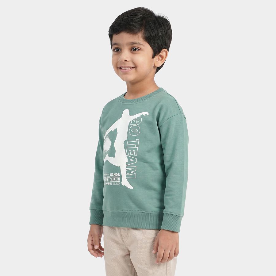 Boys' Green Crew Neck Graphic Print Sweatshirt, गहरा हरा, large