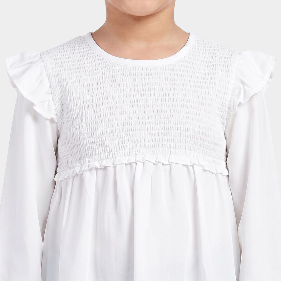 Girls' White Round Neck Regular Top, सफ़ेद, large