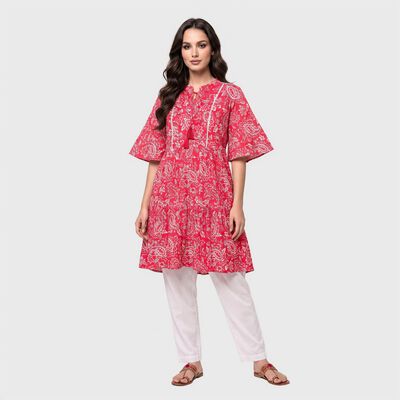 Women's Pink Notch Neck Printed Kurti