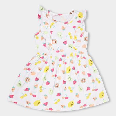 Girls' White Fruit Printed Sleeveless Flared Frock