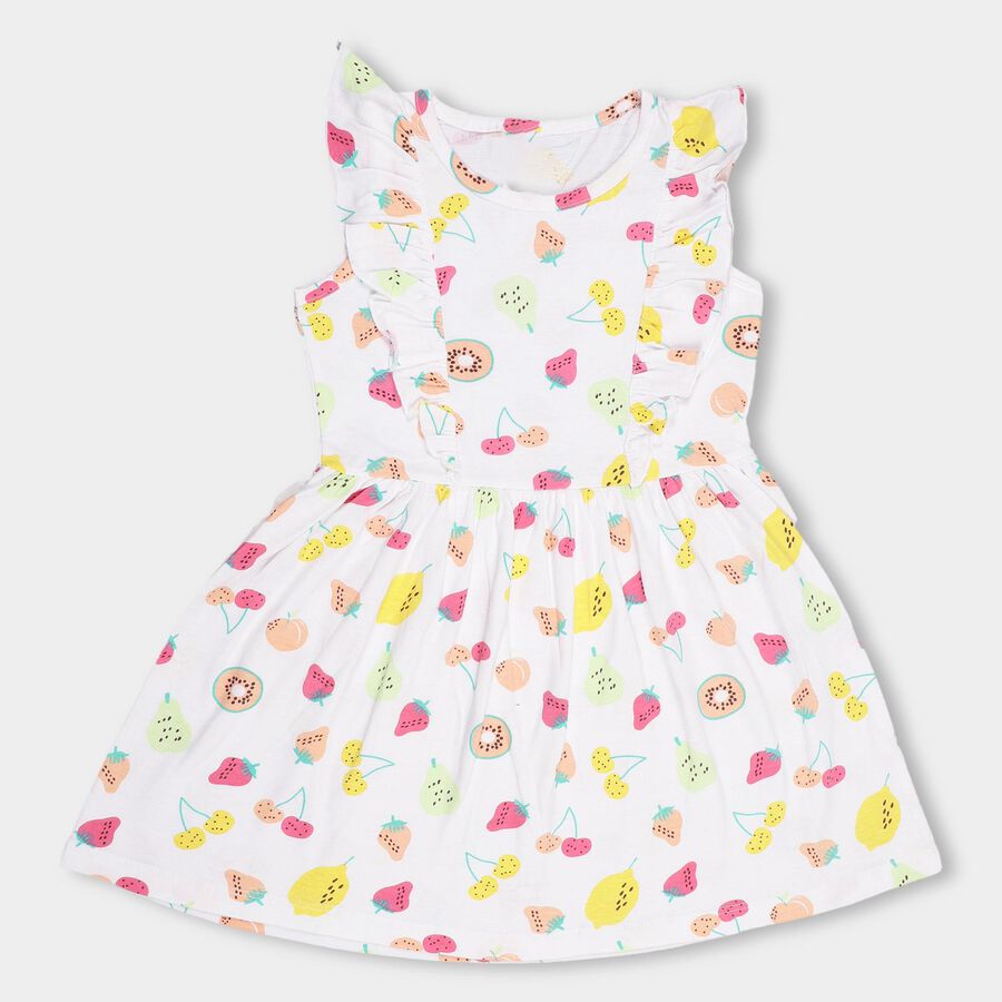 Girls' White Fruit Printed Sleeveless Flared Frock, Off White, large image number null