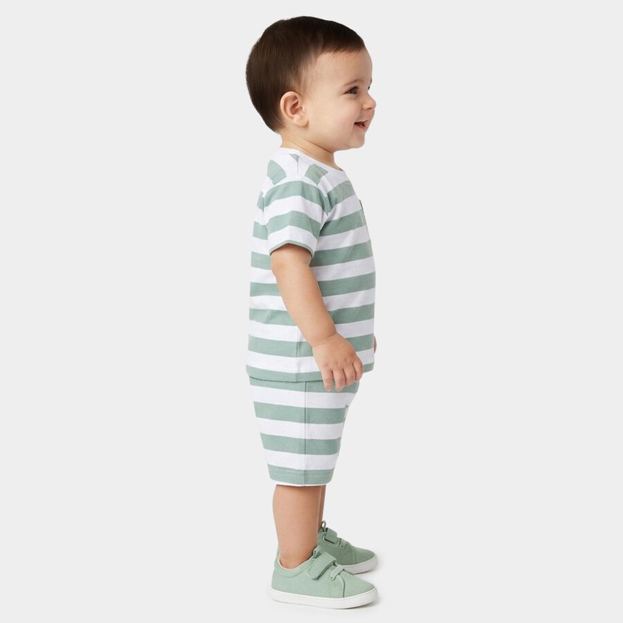 Infants' Mint Green Cotton Round Neck Striped Baba Suit, हल्का हरा, large