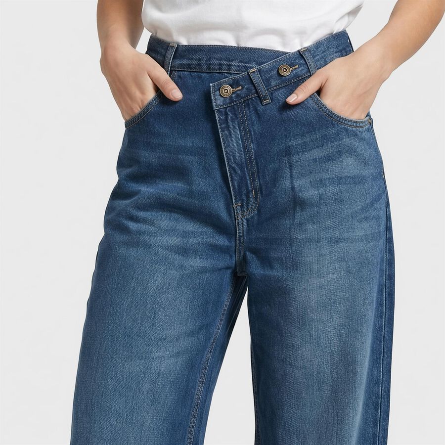 Women's Blue Wide Leg Fit Faded Jeans, गहरा नीला, large