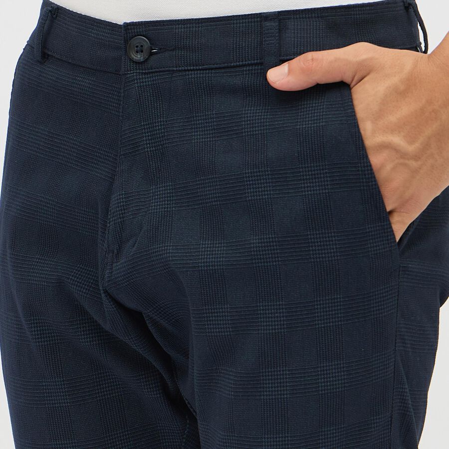 Men's Navy Blue Slim Fit Checkered Casual Trousers, Navy Blue, large image number null