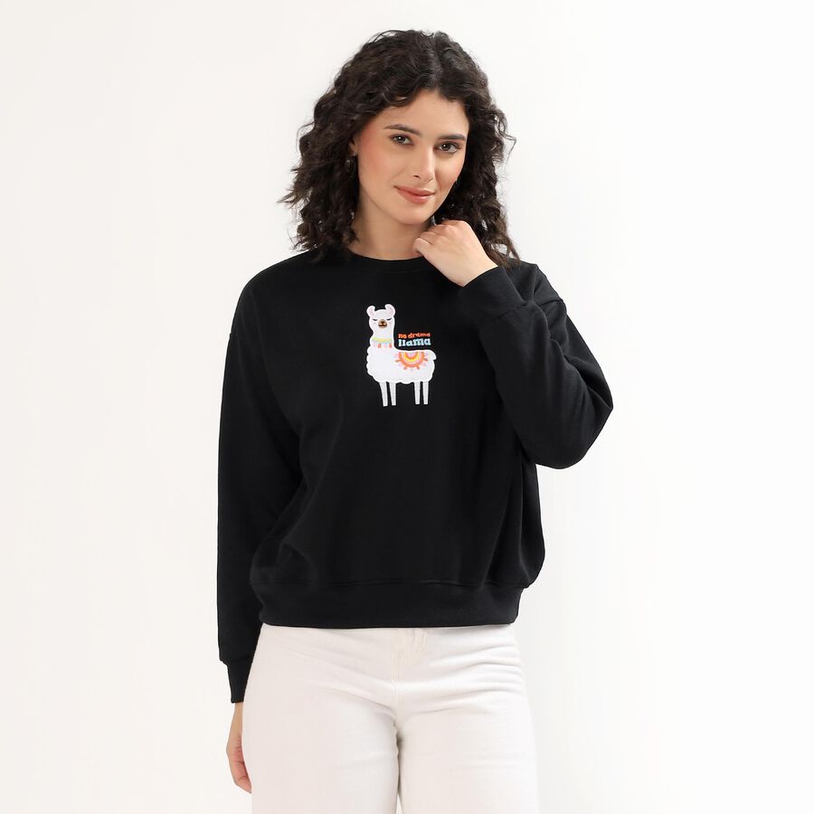 Women's Jet Black Crew Neck Casual Sweatshirt, Black, large image number null
