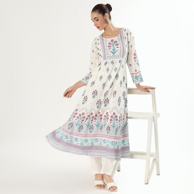Women's Ivory Floral Printed Ethnic Set