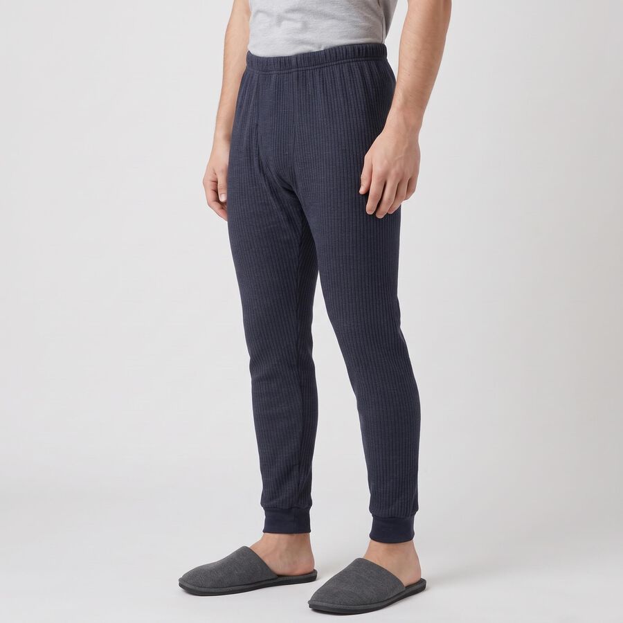 Men's Navy Blue Ribbed Long Johns Thermal, मध्यम नीला, large