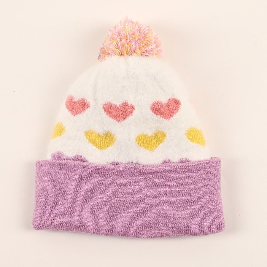 Infants White and Lavender Heart Pattern Winter Cap, लाइलेक, large image number null
