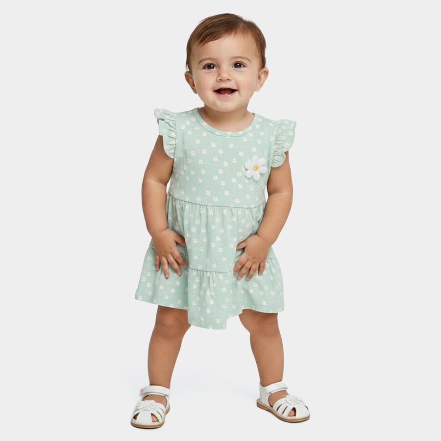 Infants' Mint Green Regular Fit Floral Printed Tiered Frock, Light Green, large
