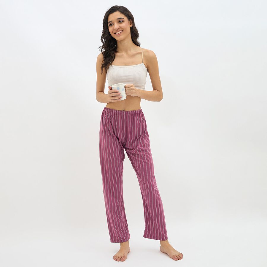 Women's Deep Berry Striped Relaxed Fit Full-Length Pyjama, Pink, large image number null