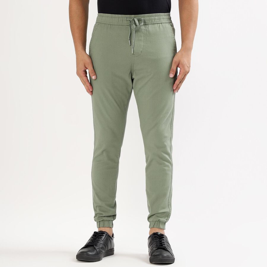 Men's Muted Sage Green Slim Fit Elastic Waist Casual Trousers, Light Green, large image number null