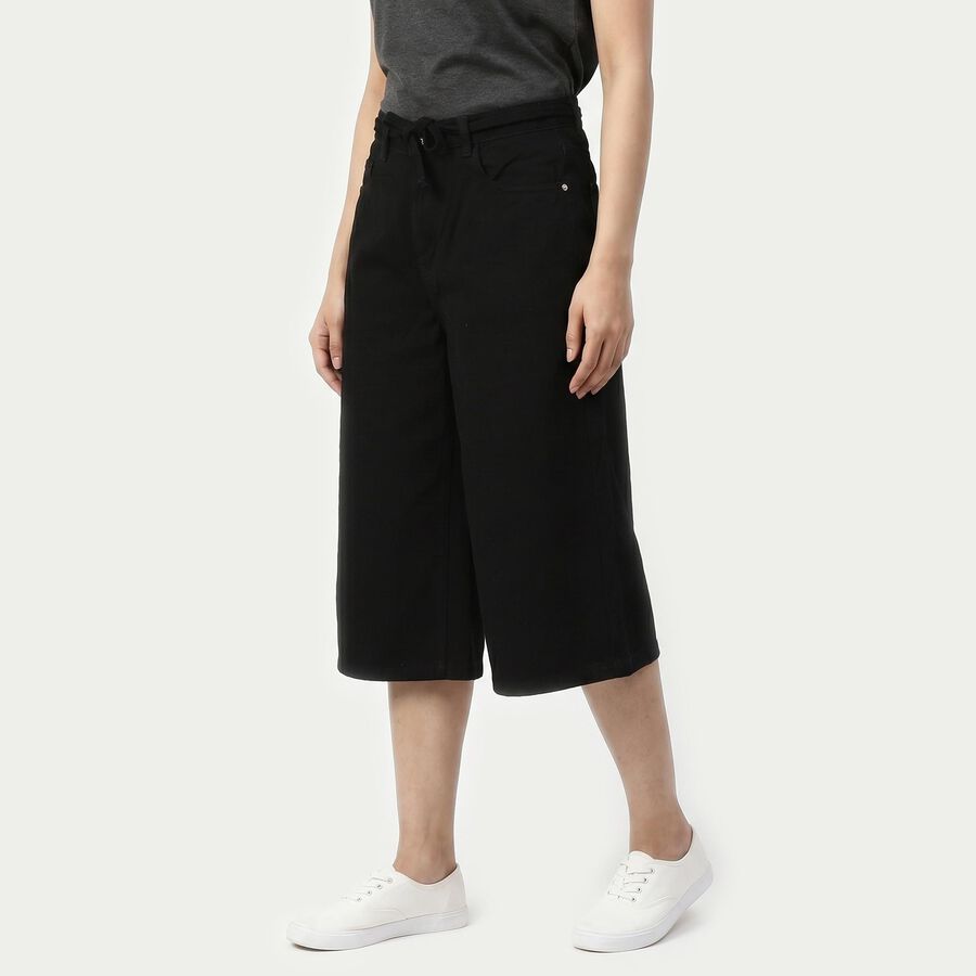 Women's Black Wide Leg Solid Cotton Capri, Black, large