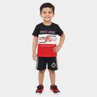 Boys Navy Blue Cotton Round Neck Graphic Print Baba Suit, Navy Blue, small