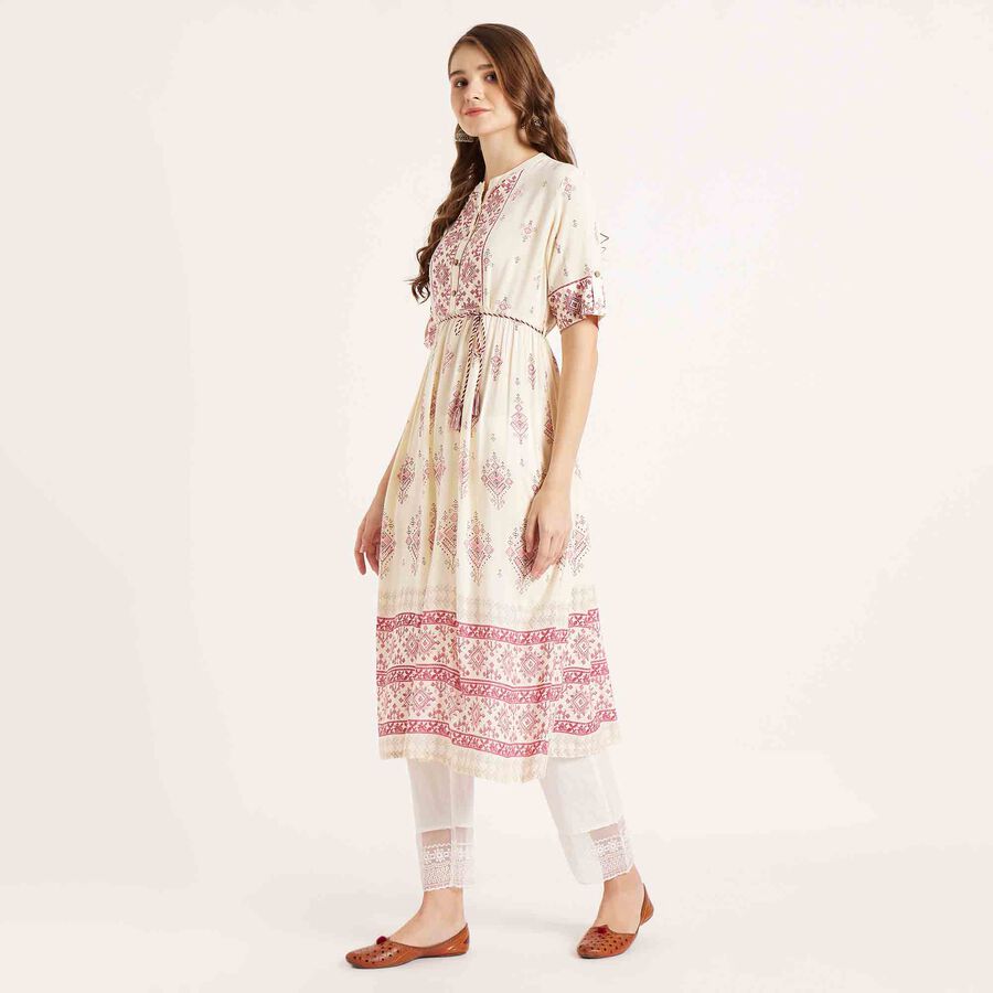 Printed 3/4th Sleeve Kurta, ऑफ व्हाइट, large image number null