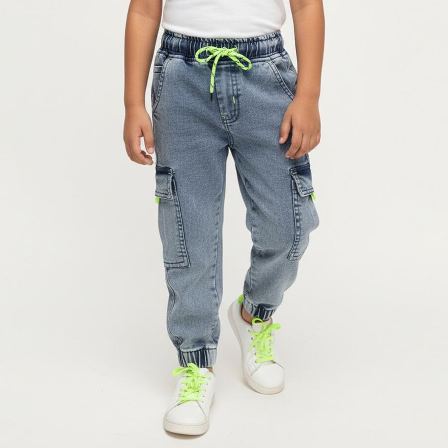 Boys' Stonewashed Blue Cargo Jogger Jeans, मध्यम नीला, large image number null