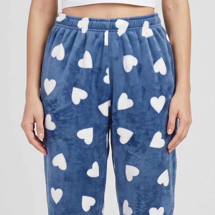 Women's Blue Straight Fit Heart Printed Lounge Pyjama, गहरा नीला, large