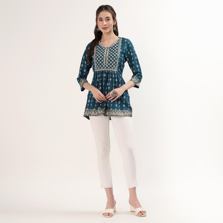 Women's Teal Mandarin Collar Self Design Straight Kurti, टील ब्लू, large