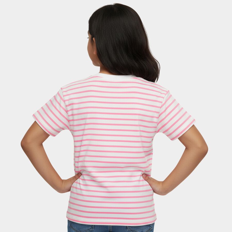 Girls White Cotton Round Neck Casual T-Shirt, White, large