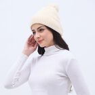 Women's Cream Knitted Pom-Pom Beanie Cap, गहरा पीला, small image number null