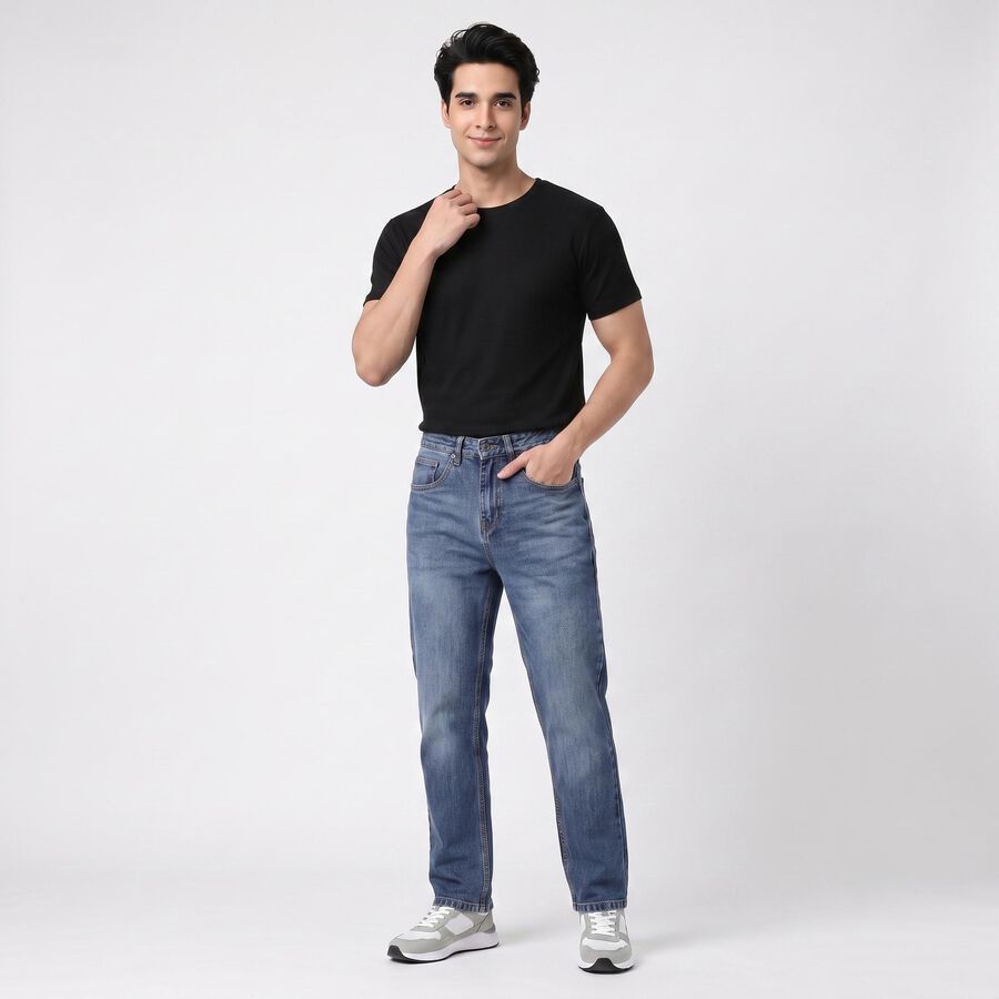 Men's Blue Straight Fit Washed Jeans, गहरा नीला, large