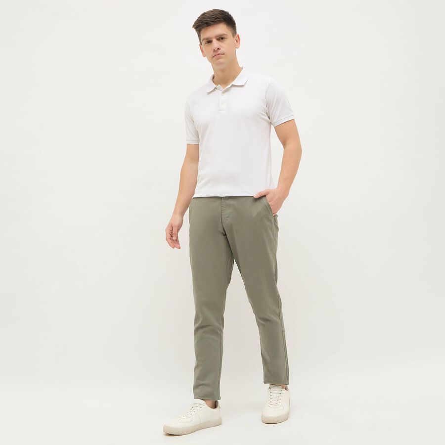 Men's Muted Olive Green Slim Fit Flat-Front Casual Trousers, गहरा हरा, large